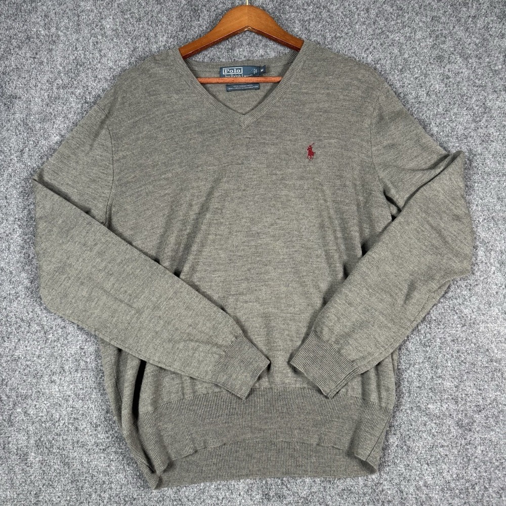 Polo Ralph Lauren Mens Medium V-Neck Sweater Heather Gray 100% Merino Wool